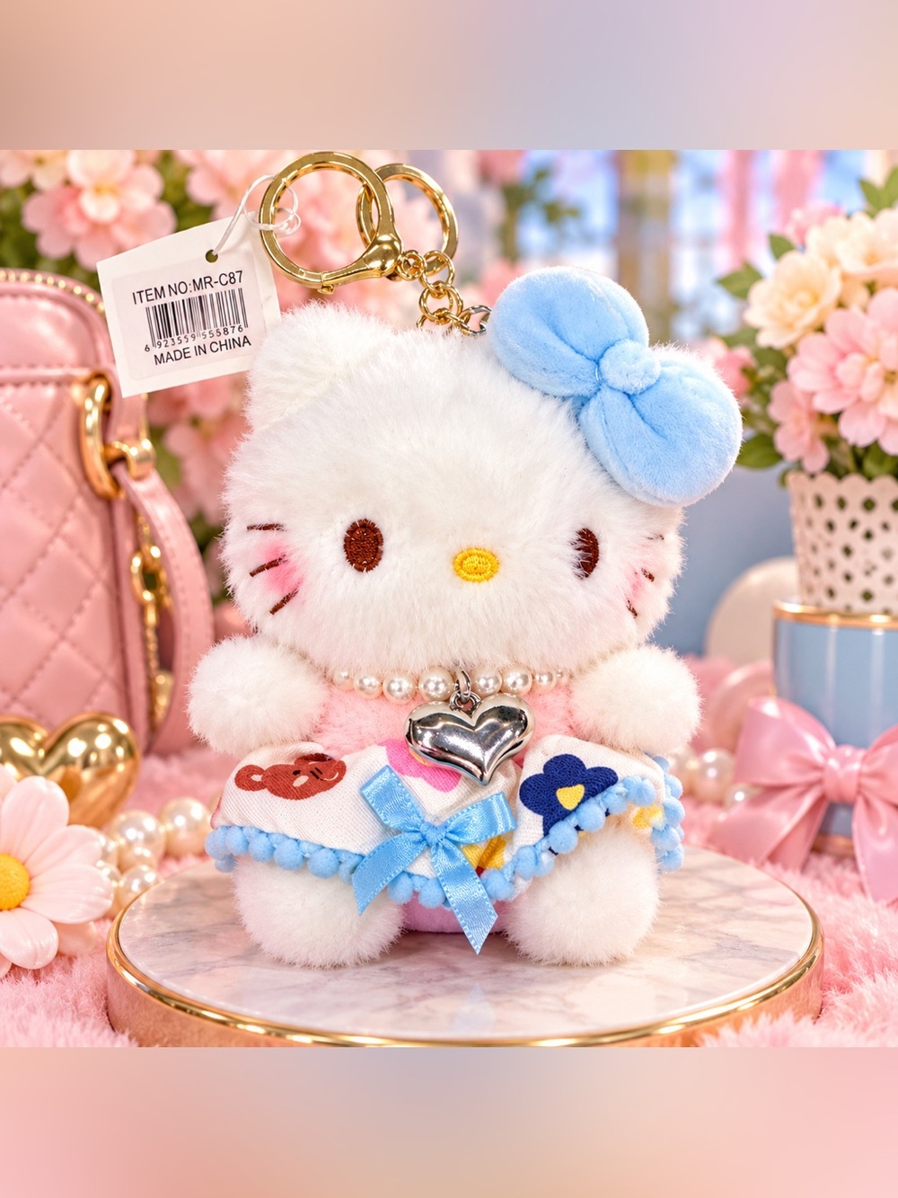 Hello Kitty plush keychain Bag Charm w/Removable Pearl Bracelet & Hair Scrunchy